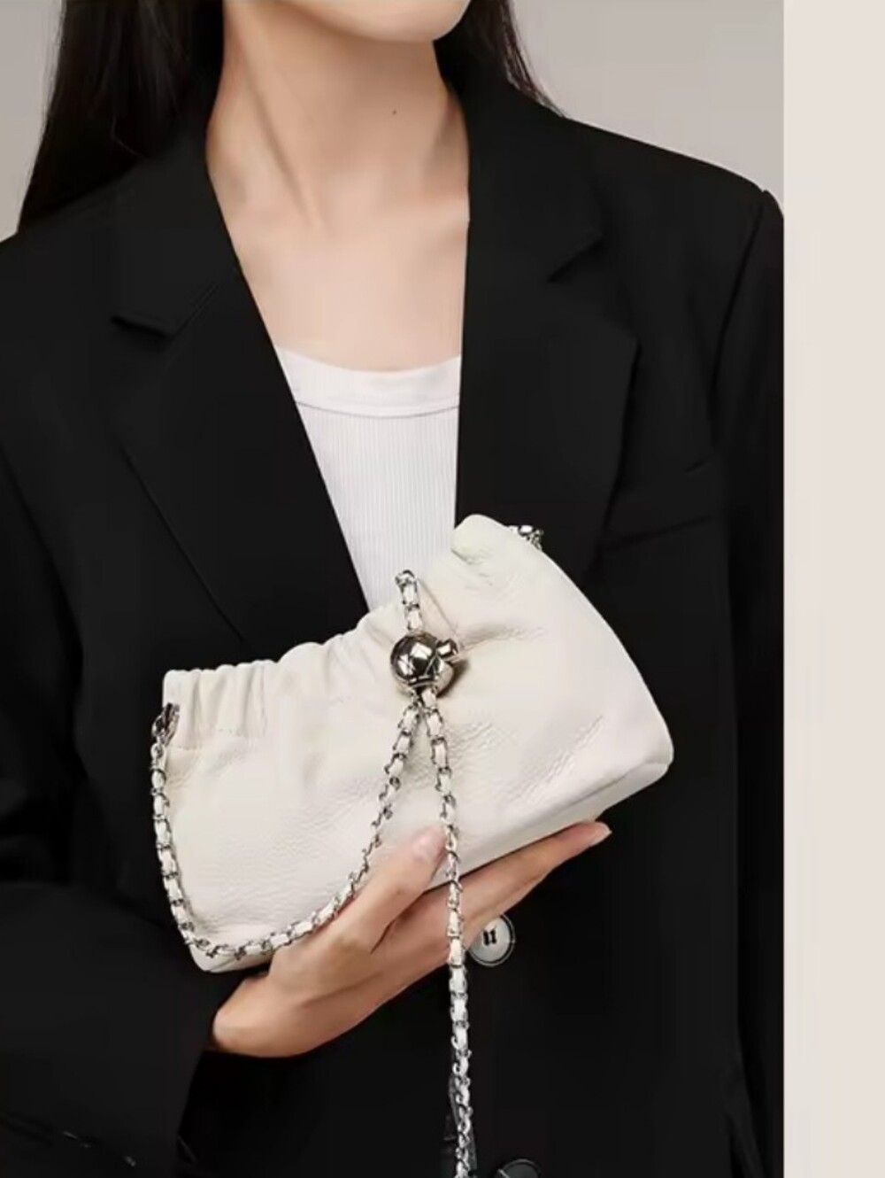 Genuine Leather Dumpling Cloud Shoulder Bag with Chain Strap Off-White